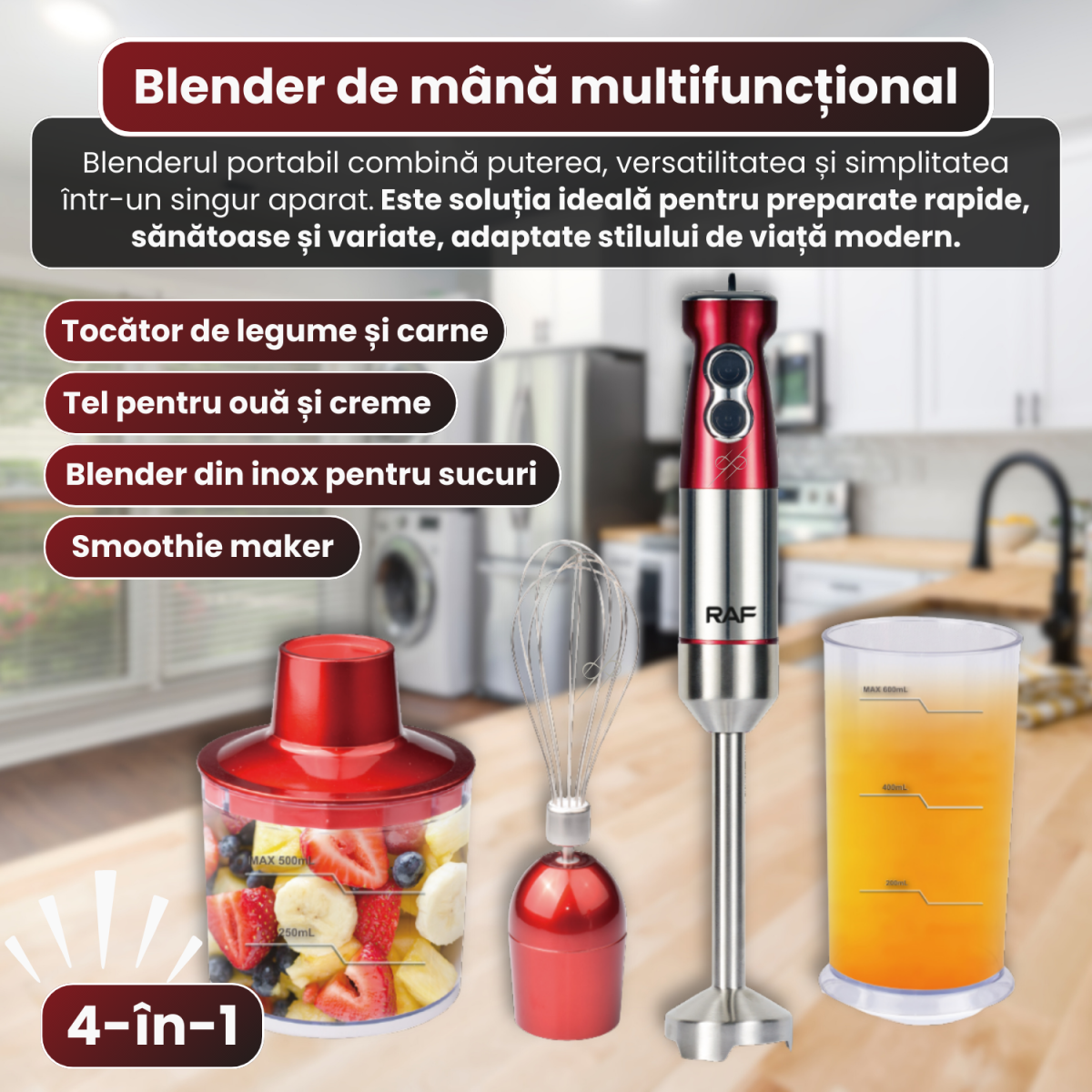 Mixer vertical 4 in 1 RAF, Blender multifunctional, Putere de 600W, Capacitate 600 ml, Accesorii incluse - imagine 2