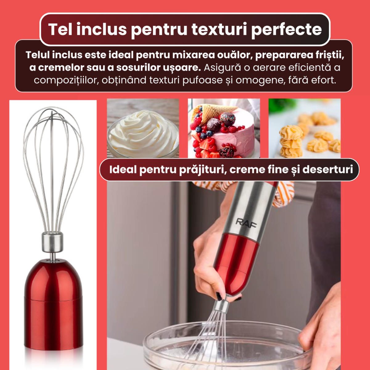 Mixer vertical 4 in 1 RAF, Blender multifunctional, Putere de 600W, Capacitate 600 ml, Accesorii incluse - imagine 4