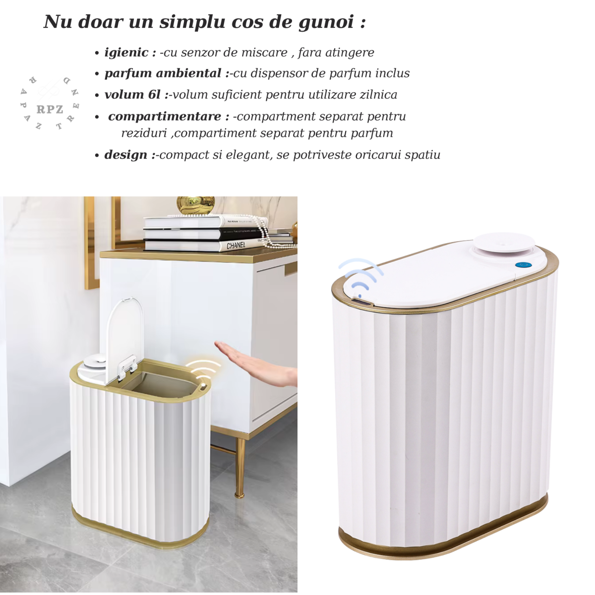Cos de gunoi inteligent RAPAZ  Touch Free Aroma , 6L, senzor de miscare, alb/auriu, 26x27.5cm - imagine 3