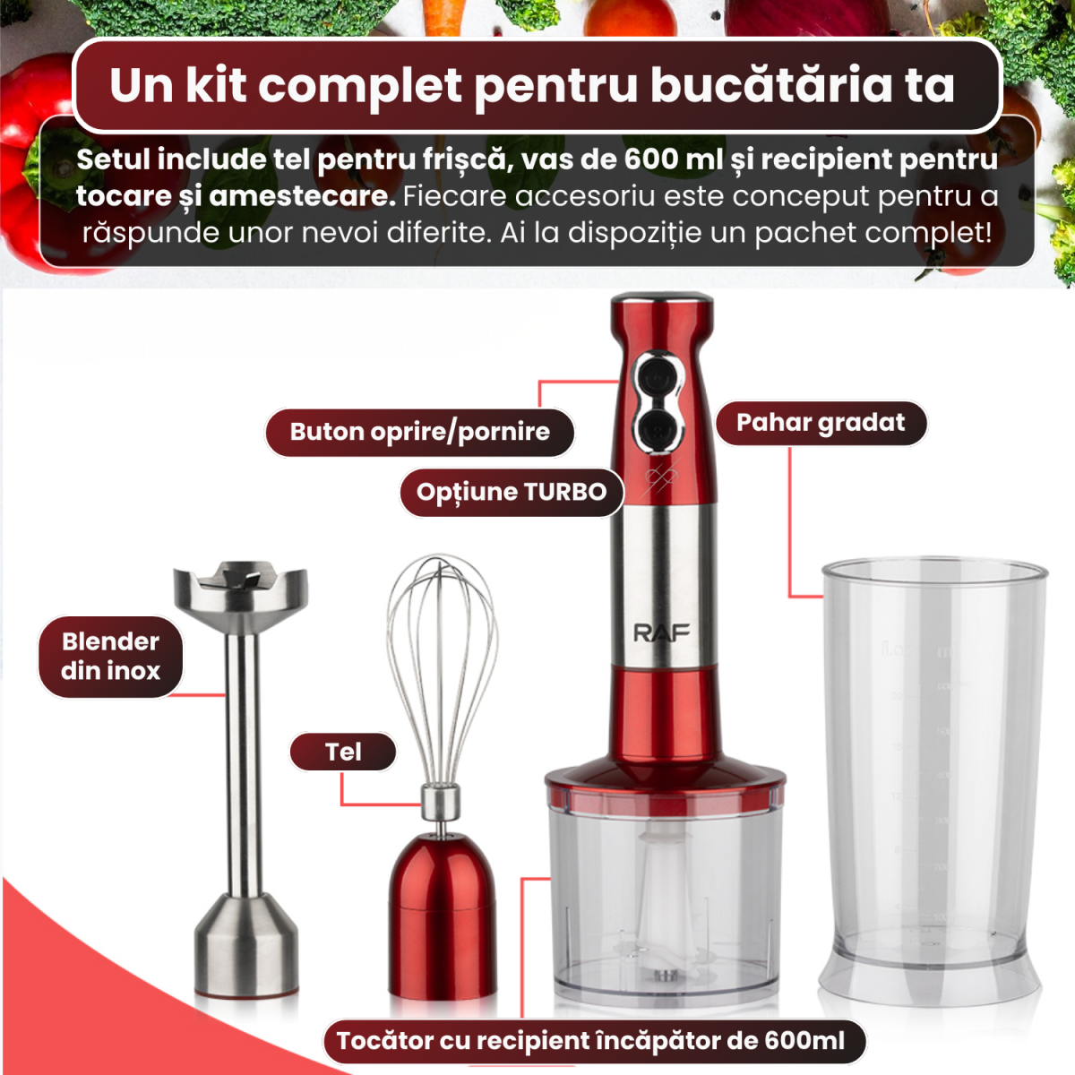 Mixer vertical 4 in 1 RAF, Blender multifunctional, Putere de 600W, Capacitate 600 ml, Accesorii incluse - imagine 5