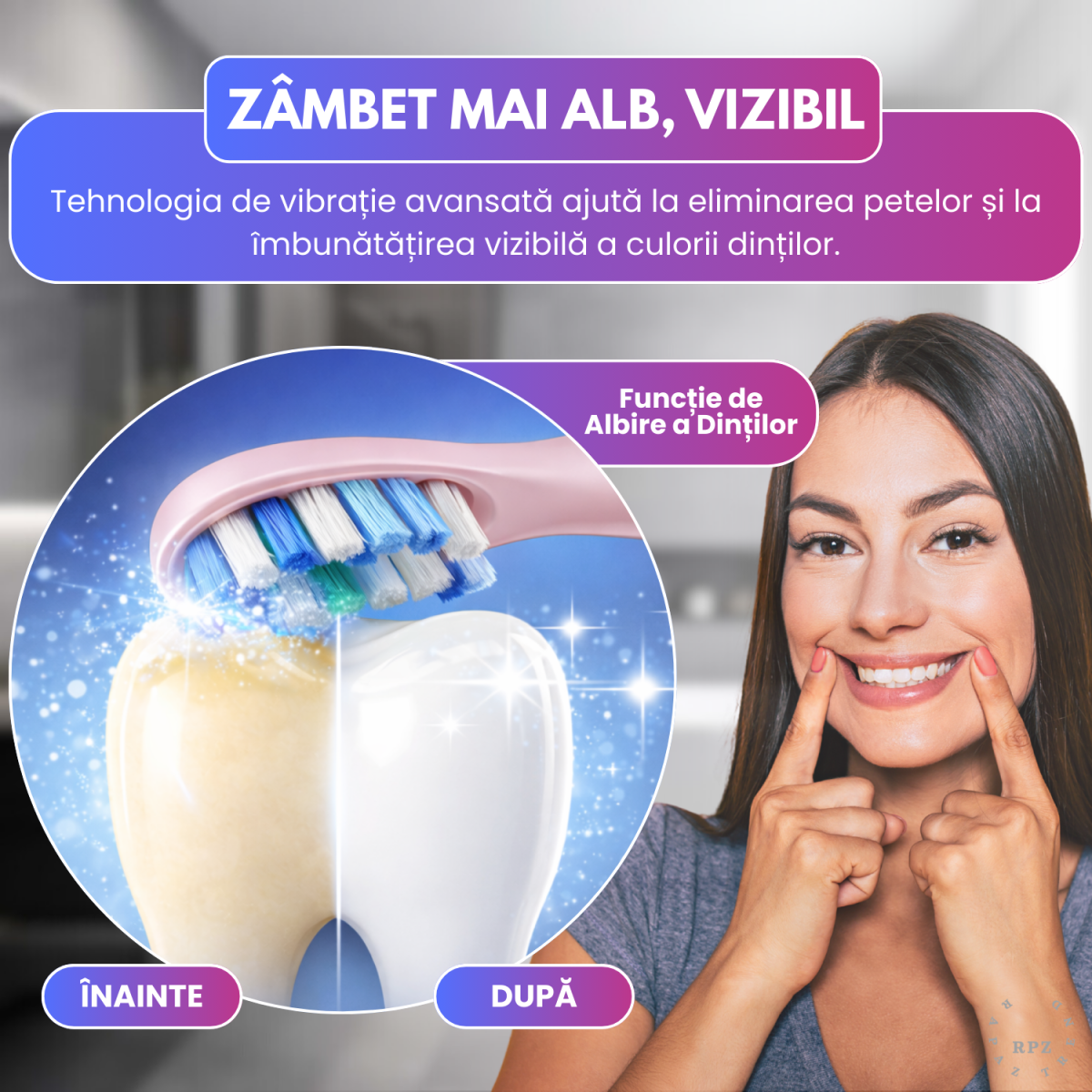 Periuta de dinti electrica sonica RAPAZ® SmilePro V8pro, 48000Hz, Autonomie 360 zile, Roz - imagine 2